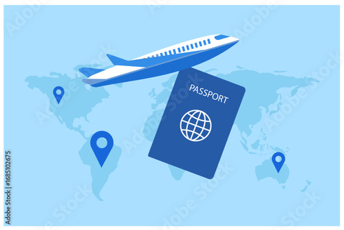Airplane, passport and pinpoints gps on world map. Reservation flight ticket and travel concept vector illustration