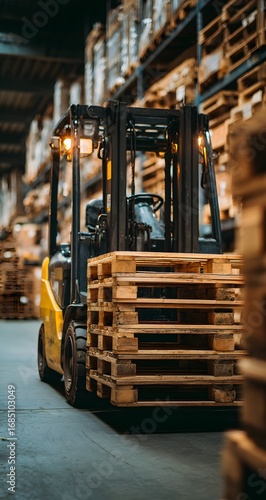 Warehouse forklift transporting wooden crates on pallet