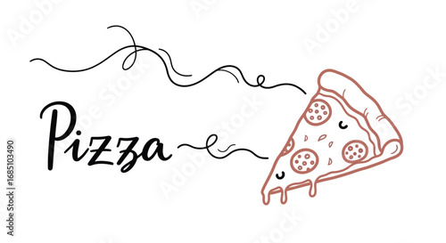 Vector illustration of delicious slice of pepperoni pizza with melted cheese and a decorative flourish, representing italian cuisine and fast food