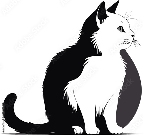A cute black and white kitten vector illustration featuring a pet feline silhouette