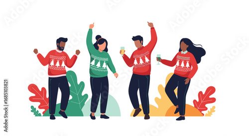 Joyful people celebrating the festive season wearing cozy winter sweaters enjoying the holiday spirit together with music and drinks