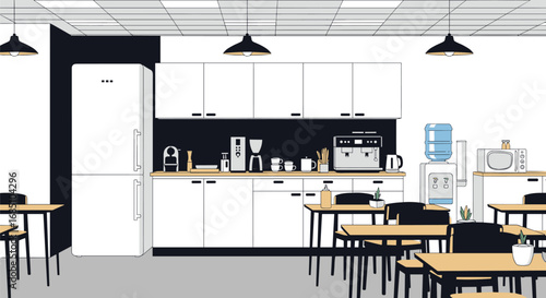 Modern office breakroom with coffee station water cooler and dining tables for collaboration