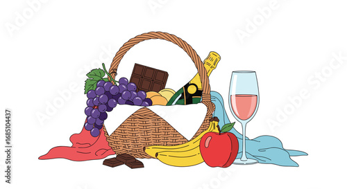 Enjoy a delightful assortment of fresh fruits gourmet chocolates and a refreshing glass of wine perfect for any occasion or celebration