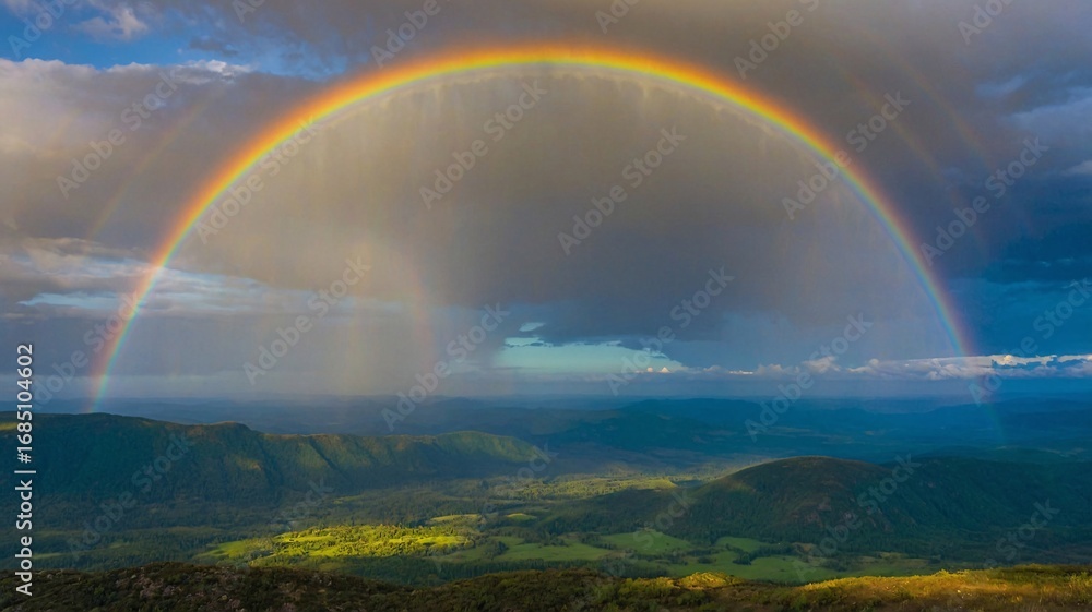 Naklejka premium A stunning rainbow arches over a lush landscape, showcasing vibrant colors and a serene atmosphere after a rain shower.