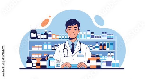 Pharmacist behind counter surrounded by shelves filled with medicines and health products offering medical advice and prescription dispensing services
