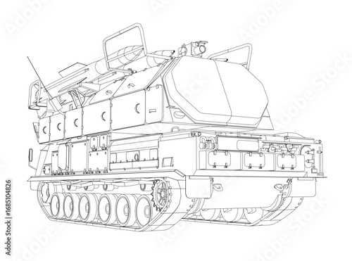 Military tank with rocket launcher contour drawing on white background. Vector illustration