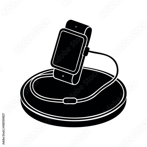 Smartwatch on display, tethered to a round security device, minimalist vector art