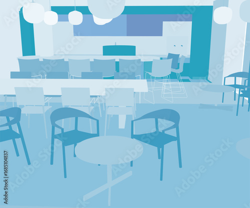 Kitchen area with tables and chairs arranged around a central desk, illuminated by hanging ceiling lights creating a warm silhouette.