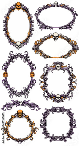 Decorative vector frames with skulls and ornate designs in purple  