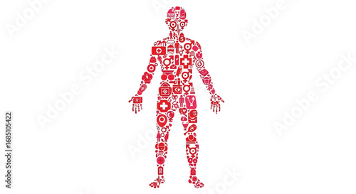 Vector illustration of human body silhouette filled with red medical and health care symbols