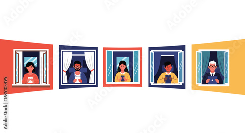 People looking out of apartment windows staying connected and safe indoors during global health concerns