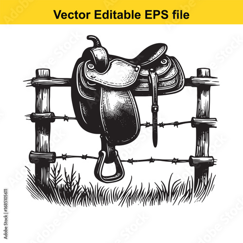 Western saddle on a barbed wire fence in a grassy field, vector illustration