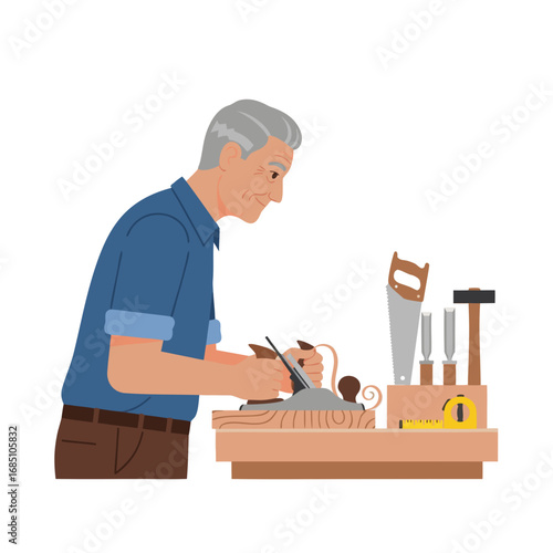 Elderly man working on woodworking project with tools in workshop  