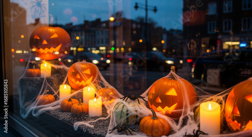 Storefront window decorated with pumpkins and candles, realistic Halloween display