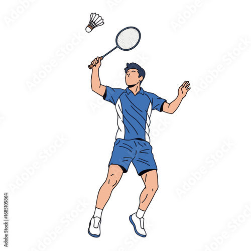 Male athlete playing badminton and preparing to serve shuttlecock  