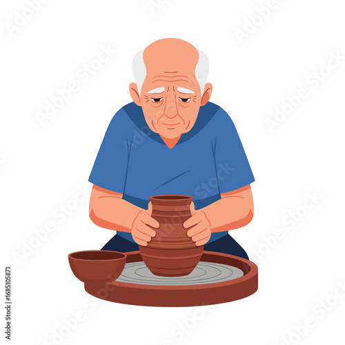 Elderly man shaping pottery on a wheel with focused expression  