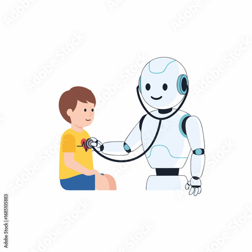 Robot doctor examining child with stethoscope in playful setting  
