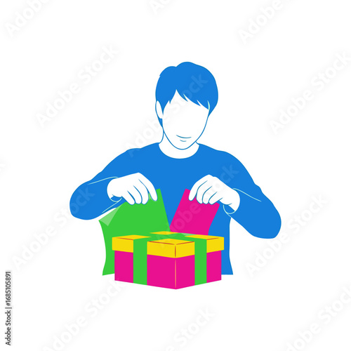 Young man unwrapping colorful gift box with excitement  