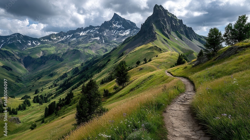 Obraz premium Panoramic View of Austrian Green Mountains with Forests and Snow-Capped Peaks, Winding Trail and Hikers under Clear Blue Sky, Perfect for Travel Promotion, Scenic Decor, and Outdoor Adventure Concepts