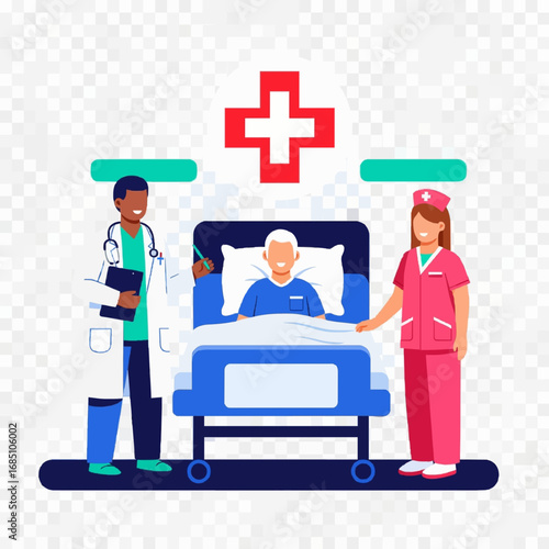 Doctor and nurse attending to a patient in a hospital bed with a medical cross symbol above isolated on transparent background