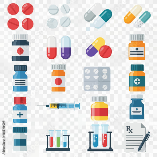 Collection of various medical pills capsules bottles syringe and test tubes isolated on transparent background
