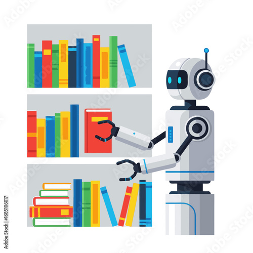 Robot organizing books on shelves in a modern library environment  