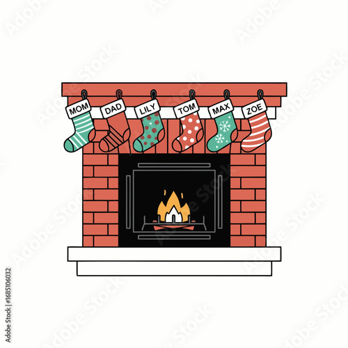 Christmas fireplace with colorful stockings hung for family gifts  