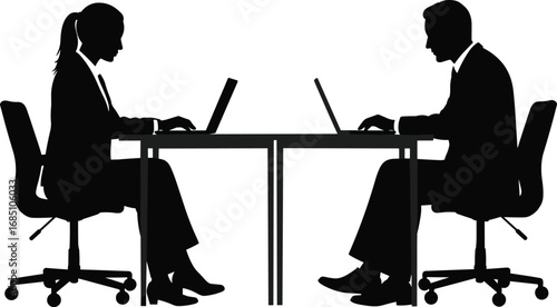 Silhouettes of businessman and businesswoman using laptops at desk, modern office teamwork, coworking professionals in workplace environment