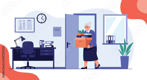 Experienced professional departs workplace carrying personal belongings out of office doorway during working hours