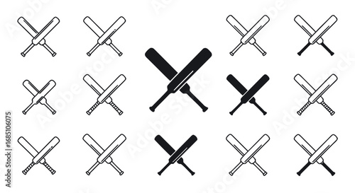 Decorative baseball bats crossed in various styles on white background  