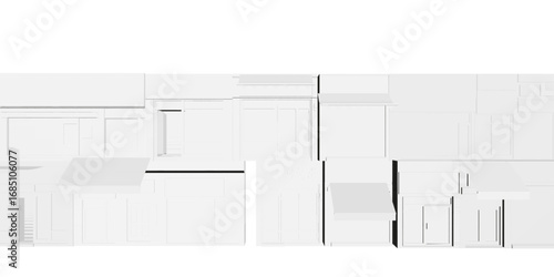 Polygonal kitchen shop interior with Asian-inspired design, featuring orderly cabinets, sink, stove, and refrigerator in a modern black and white drawing.
