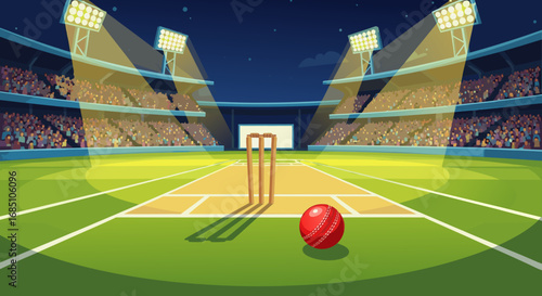 Cricket field with red ball and illuminated stadium at night  