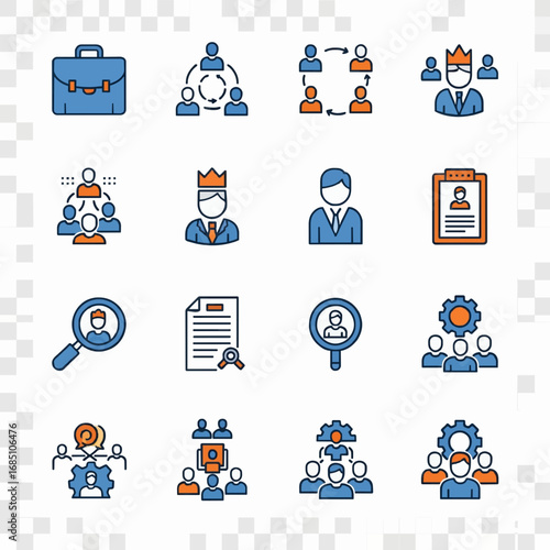 Collection of business and human resources icons including briefcase team management recruitment and leadership concepts isolated on transparent background