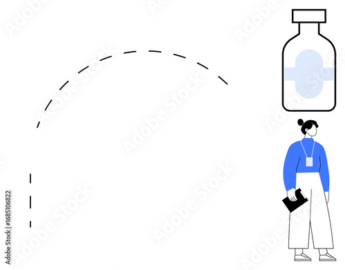 Female medical worker holding clipboard, standing beside a vaccine vial with a dashed line arc. Ideal for healthcare, vaccination, prevention, medical research, public health, immunization campaigns