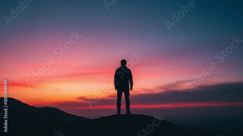 Serene Sunset Silhouette: Man Contemplates on Mountaintop at Dusk