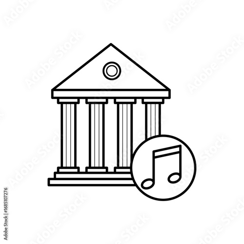 A building with pillars is next to a circle containing a musical note. Editable stroke. Vector illustration
