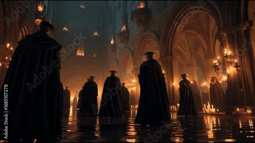 Spectral royal procession marching through candlelit ruins of ancient castle halls