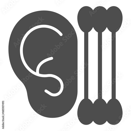 Ear and ear sticks solid icon, body hygiene concept. Vector graphics. Human ear with clean sticks, cleaning sign on white background, glyph style icon for mobile or web design.