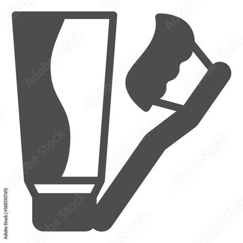 Tube of toothpaste and toothbrush solid icon, body hygiene concept. Vector graphics. Toothpaste for morning wash sign on white background, glyph style icon for mobile or web design.