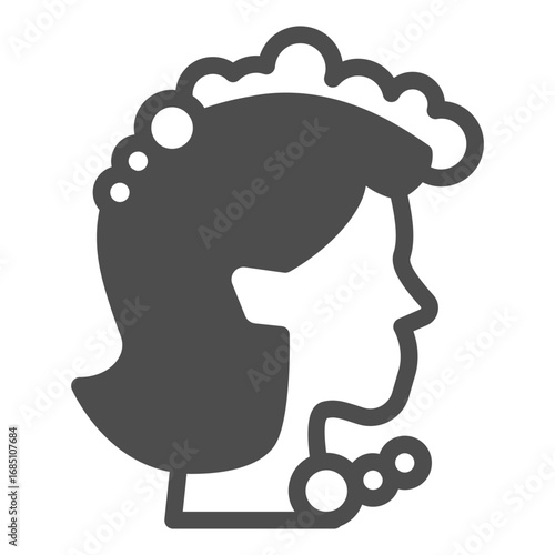 Woman head hair with foam solid icon, body hygiene concept. Vector graphics. Girl with soapy shampoo foam, head washing sign on white background, glyph style icon for mobile or web design.