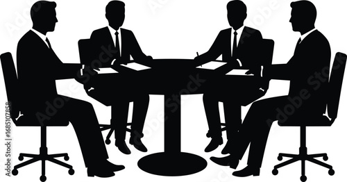 Silhouettes of businessmen having a corporate meeting at round table, office teamwork discussion, professional business strategy planning session