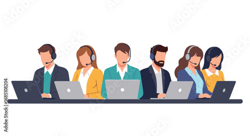 A diverse group of customer service representatives collaborating effectively while working remotely on their laptops