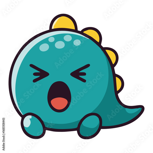 A cute round teal cartoon dinosaur character yawning or shouting with yellow plates on its back.
