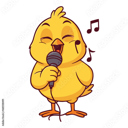 A cute yellow cartoon chick joyfully singing into a microphone with musical notes floating around its head.