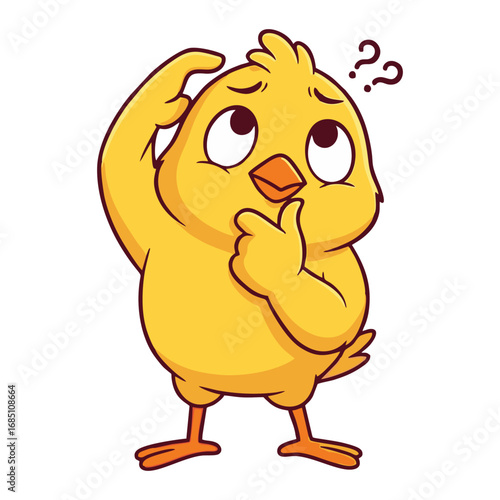 A cute yellow cartoon chick scratching its head in confusion with question marks floating above.