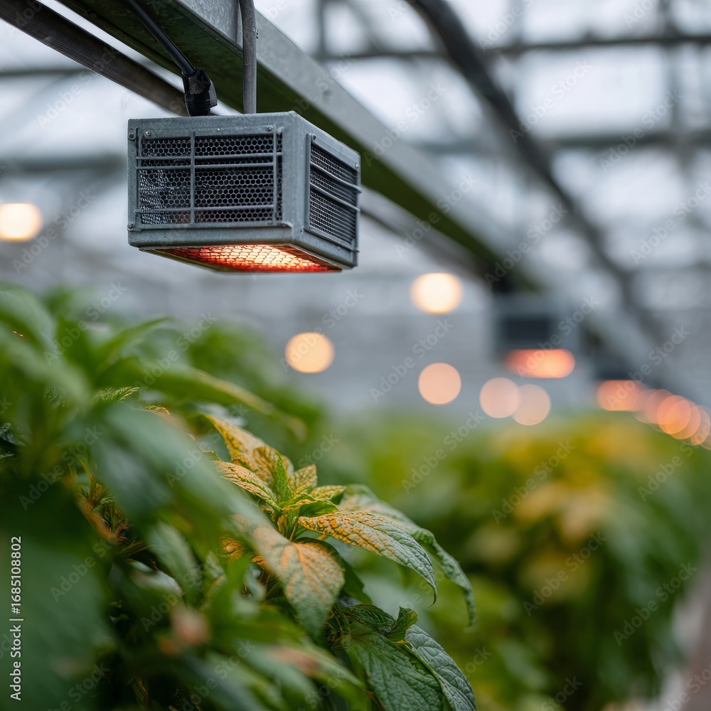 © LEXI Studio - Greenhouse interior with climate control device and plants. © LEXI Studio - Greenhouse interior with climate control device and plants.