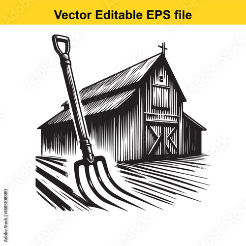 Vintage barn and pitchfork illustration in a rural landscape with plowed fields