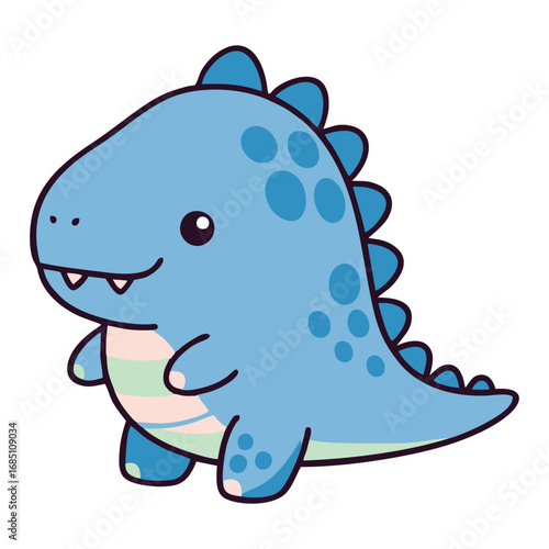 A cute, chubby, cartoon blue dinosaur with spikes and striped belly, smiling happily.