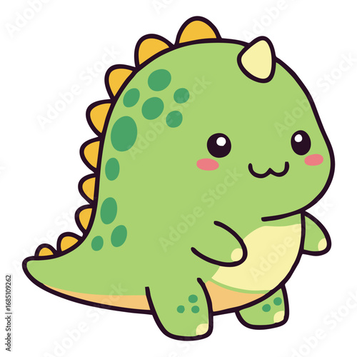 A cute and chubby green baby dinosaur cartoon character with yellow spikes.