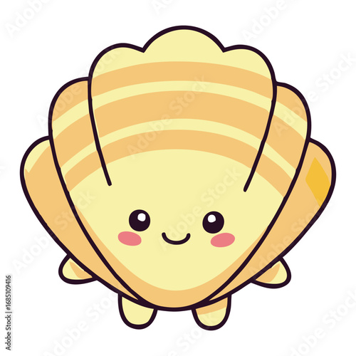 An adorable cartoon clam shell character with a cute smiling face.